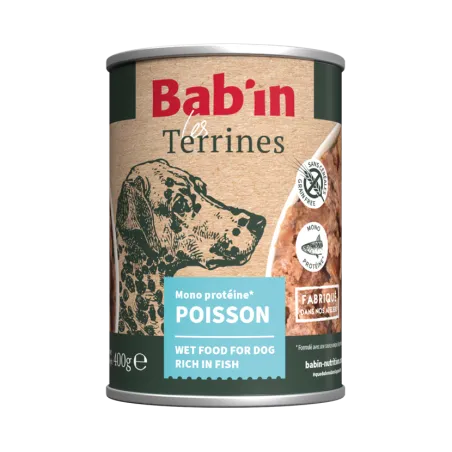Bab'in Terrine pour chien - Poisson- Haute digestibilité - Garantie sans céréales ni gluten - Mono-protéine animale Poisson