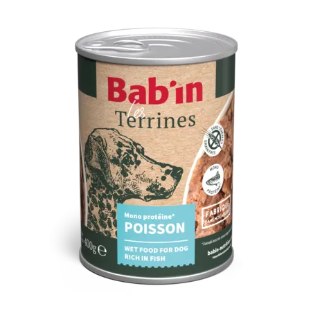 Bab'in Terrine pour chien - Poisson- Haute digestibilité - Garantie sans céréales ni gluten - Mono-protéine animale Poisson