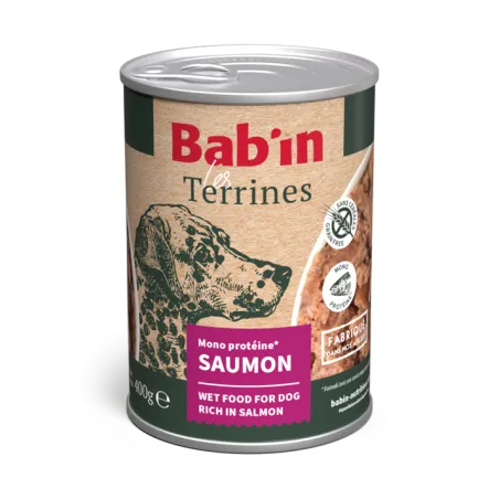 Bab'in Terrine pour chien - Saumon - Haute digestibilité - Garantie sans céréales ni gluten - Mono-protéine animale Saumon