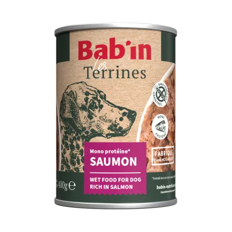Bab'in Terrine pour chien - Saumon - Haute digestibilité - Garantie sans céréales ni gluten - Mono-protéine animale Saumon