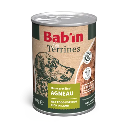 Bab'in Terrine pour chien - Agneau - Haute digestibilité - Garantie sans céréales ni gluten - Mono-protéine animale Agneau