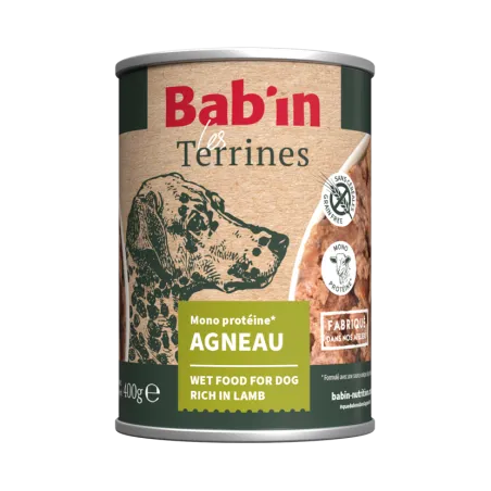 Bab'in Terrine pour chien - Agneau - Haute digestibilité - Garantie sans céréales ni gluten - Mono-protéine animale Agneau