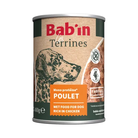 Bab'in Terrine pour chien - Poulet - Haute digestibilité - Garantie sans céréales ni gluten - Mono-protéine animale Poulet