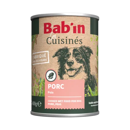 Bab'in Terrine Cuisinée pour chien - Porc- Haute digestibilité - Fruits et légumes soigneusement sélectionnés - Texture brute et