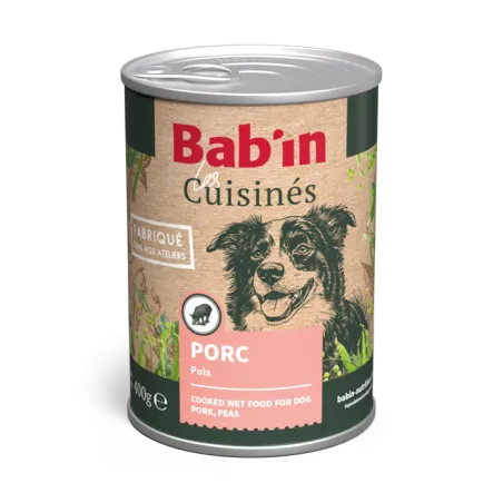 Bab'in Terrine Cuisinée pour chien - Porc- Haute digestibilité - Fruits et légumes soigneusement sélectionnés - Texture brute et