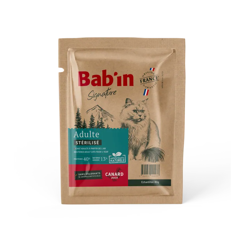 Bab'in Croquettes pour chat Adulte - Canard. Hautement digestible. Taux élevé de protéines de haute qualité.