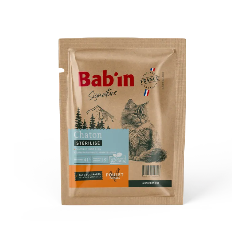 Bab'in Croquettes pour chaton Stérilisés - Poulet. Favorise la croissance. Taux élevé de protéines de haute qualité.