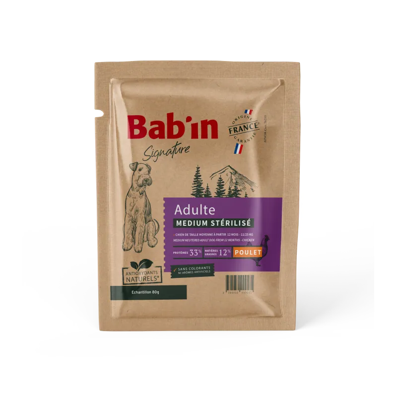 Bab'in Croquettes pour chien Medium Stérilisés - Poulet. Taux élevé de protéines de haute qualité. Faible en matière grasse.