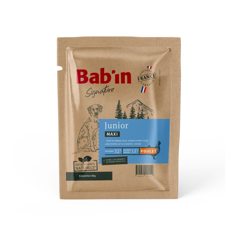 Bab'in Croquettes pour chien Maxi Junior Poulet. Favorise la croissance. Taux élevé de protéines de haute qualité.