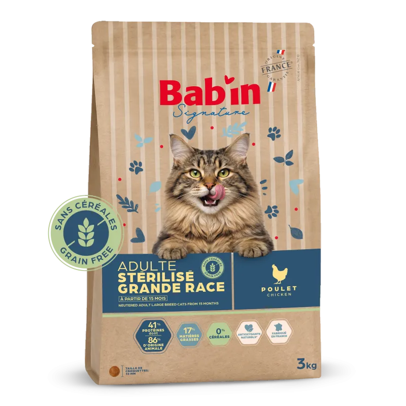 Bab'in Croquettes pour chat Adulte Grandes Races Sans Céréale - Poulet. Intolérance au gluten. Taux élevé de protéines.