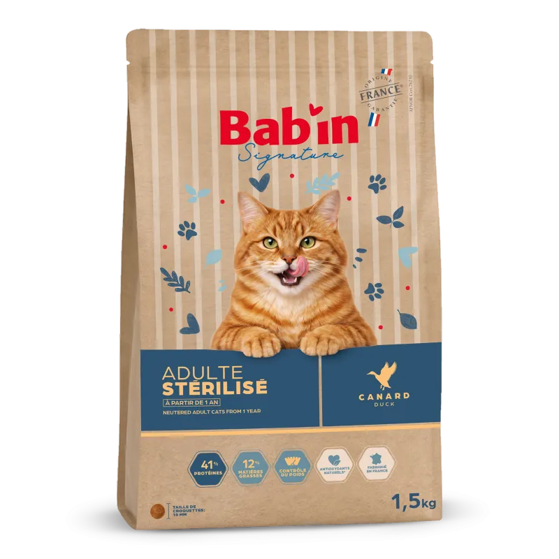 Bab'in Croquettes pour chat Adulte - Canard. Hautement digestible. Taux élevé de protéines de haute qualité.