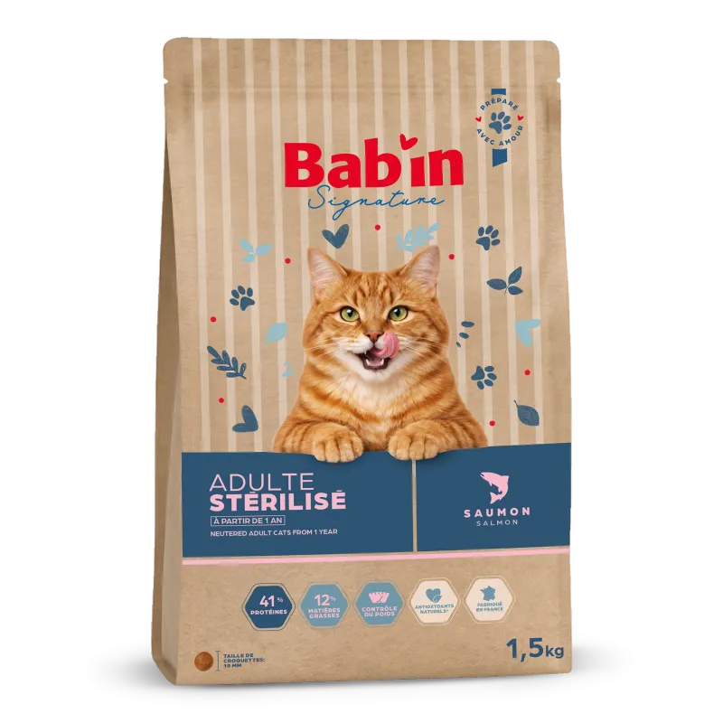 Bab'in Croquettes pour chat Adulte - Saumon. Hautement digestible. Taux élevé de protéines de haute qualité.