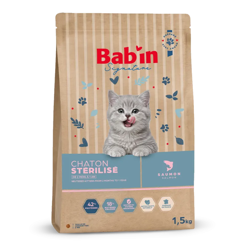 Croquettes Chaton stérilisé Bab'in au saumon | Croissance et peau saine
