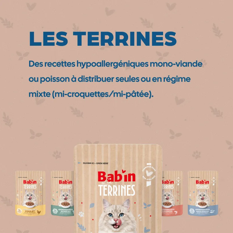 Bab'in Terrine pour chat - Poulet - Haute digestibilité - Garantie sans céréales ni gluten - Mono-protéine animale Poulet