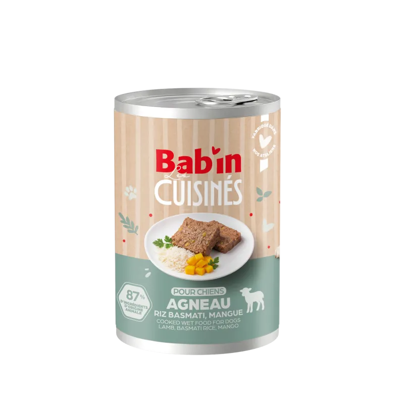 Bab'in Terrine Cuisinée pour chien - Agneau - Haute digestibilité - Fruits et légumes soigneusement sélectionnés - Texture brute