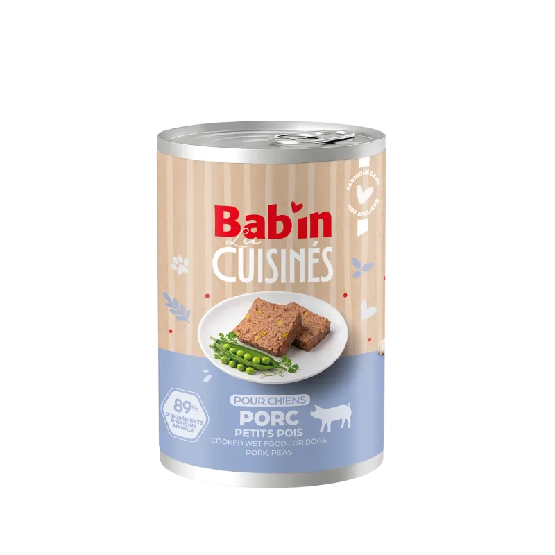 Bab'in Terrine Cuisinée pour chien - Porc- Haute digestibilité - Fruits et légumes soigneusement sélectionnés - Texture brute et