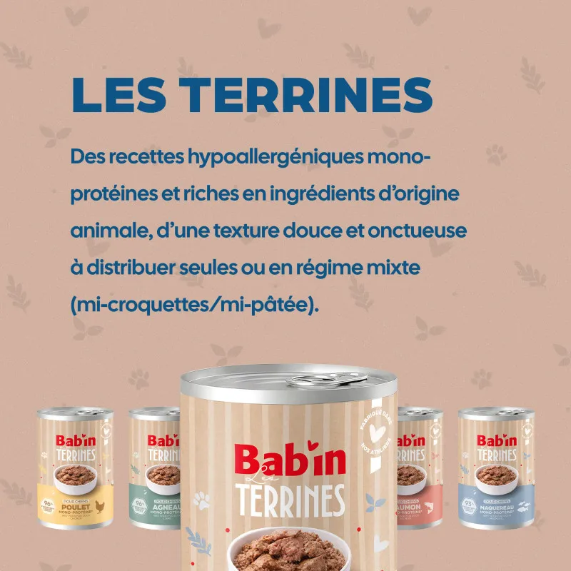 Bab'in Terrine pour chien - Poulet - Haute digestibilité - Garantie sans céréales ni gluten - Mono-protéine animale Poulet