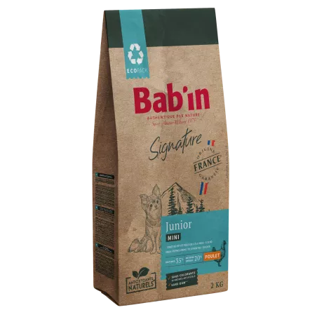 Bab'in Croquettes pour chien Mini junior - Poulet. Favorise la croissance. Taux élevé de protéines de haute qualité.