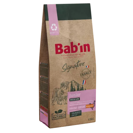Bab'in Croquettes pour chien Medium junior - Poulet. Favorise la croissance. Taux élevé de protéines de haute qualité.