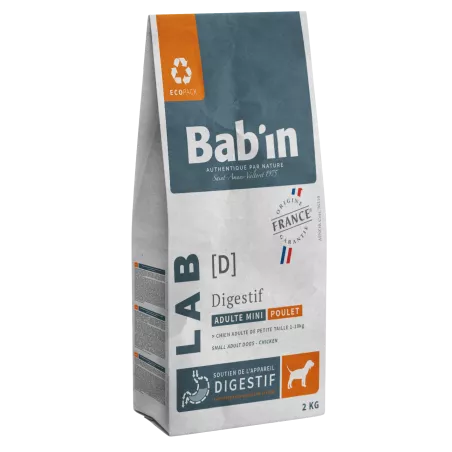Bab'in Croquettes pour chien Mini Adulte Digestif - Poulet. Confort digestif.  Taux élevé de protéines de haute qualité.