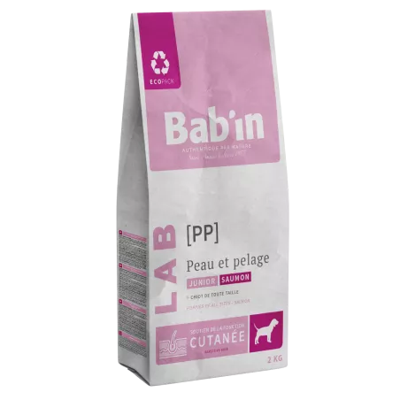 Bab'in Croquettes pour chien Junior Peau et Pelage - Saumon. Sensibilité cutanée. Taux élevé de protéines de haute qualité.