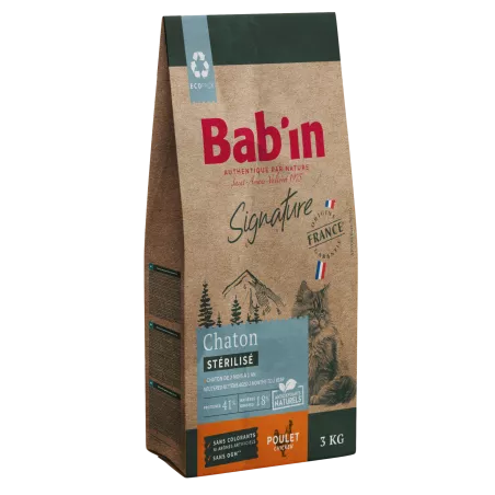Bab'in Croquettes pour chaton Stérilisés - Poulet. Favorise la croissance. Taux élevé de protéines de haute qualité.