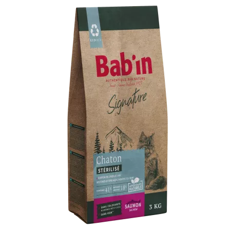 Bab'in Croquettes pour chaton Stérilisés - Saumon. Favorise la croissance. Taux élevé de protéines de haute qualité.
