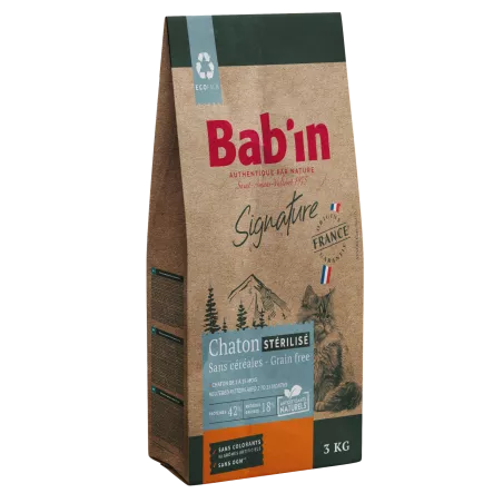 Bab'in Croquettes pour chaton Stérilisés Sans Céréales. Intolérance au gluten. Taux élevé de protéines de haute qualité.