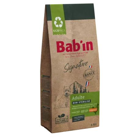Bab'in Croquettes pour chien Mini Stérilisés - Poulet. Taux élevé de protéines de haute qualité. Faible en matière grasse.