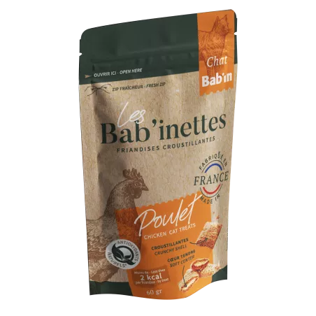 Bab'in - Friandises pour chat  Bab'inette - Poulet - Des bouchées croustillantes au cœur fondant pour moins de 2 calories.