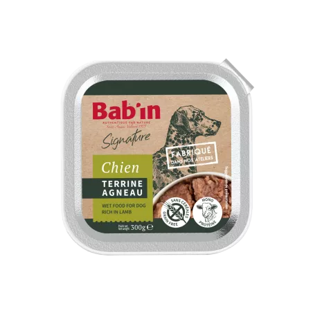 Bab'in Terrine pour chien - Agneau - Haute digestibilité - Garantie sans céréales ni gluten - Mono-protéine animale Agneau