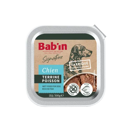 Bab'in Terrine pour chien - Poisson- Haute digestibilité - Garantie sans céréales ni gluten - Mono-protéine animale Poisson