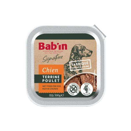 Bab'in Terrine pour chien - Poulet - Haute digestibilité - Garantie sans céréales ni gluten - Mono-protéine animale Poulet