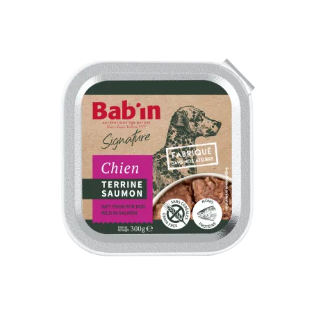 Bab'in Terrine pour chien - Saumon - Haute digestibilité - Garantie sans céréales ni gluten - Mono-protéine animale Saumon