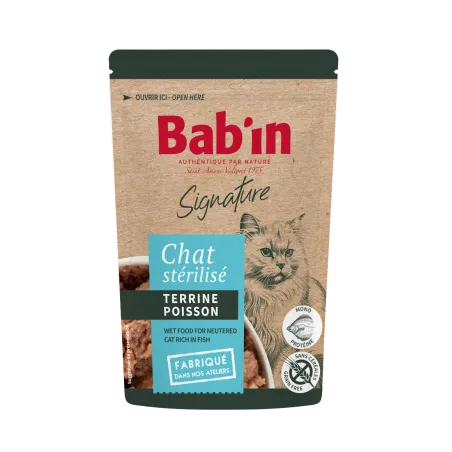 Bab'in Terrine pour chat - Poisson- Haute digestibilité - Garantie sans céréales ni gluten - Mono-protéine animale Poisson