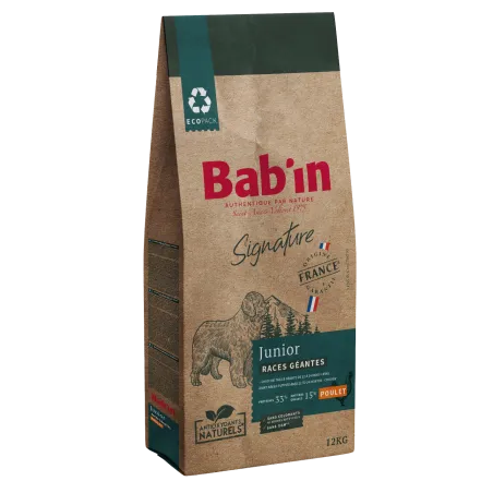 Bab'in Croquettes pour chien Junior-Races géantes Poulet. Favorise la croissance. Taux élevé de protéines de haute qualité.
