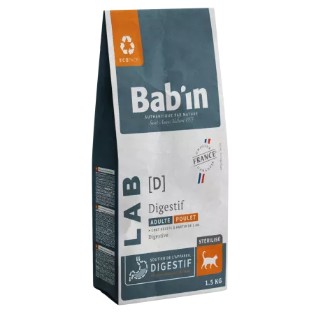 Bab'in Croquettes pour chat Adulte Digestif - Poulet. Confort digestif.  Taux élevé de protéines de haute qualité.